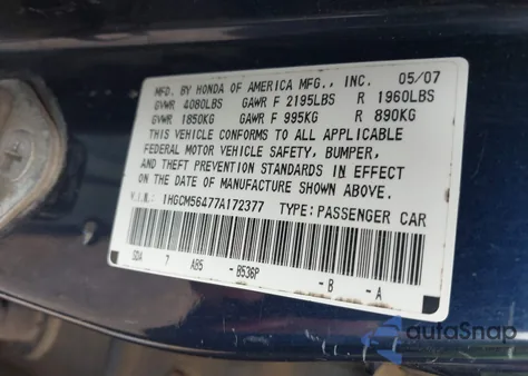 2007 Honda Accord 2.4 Lx z USA, uszkodzony, nr VIN 1HGCM56477A172377